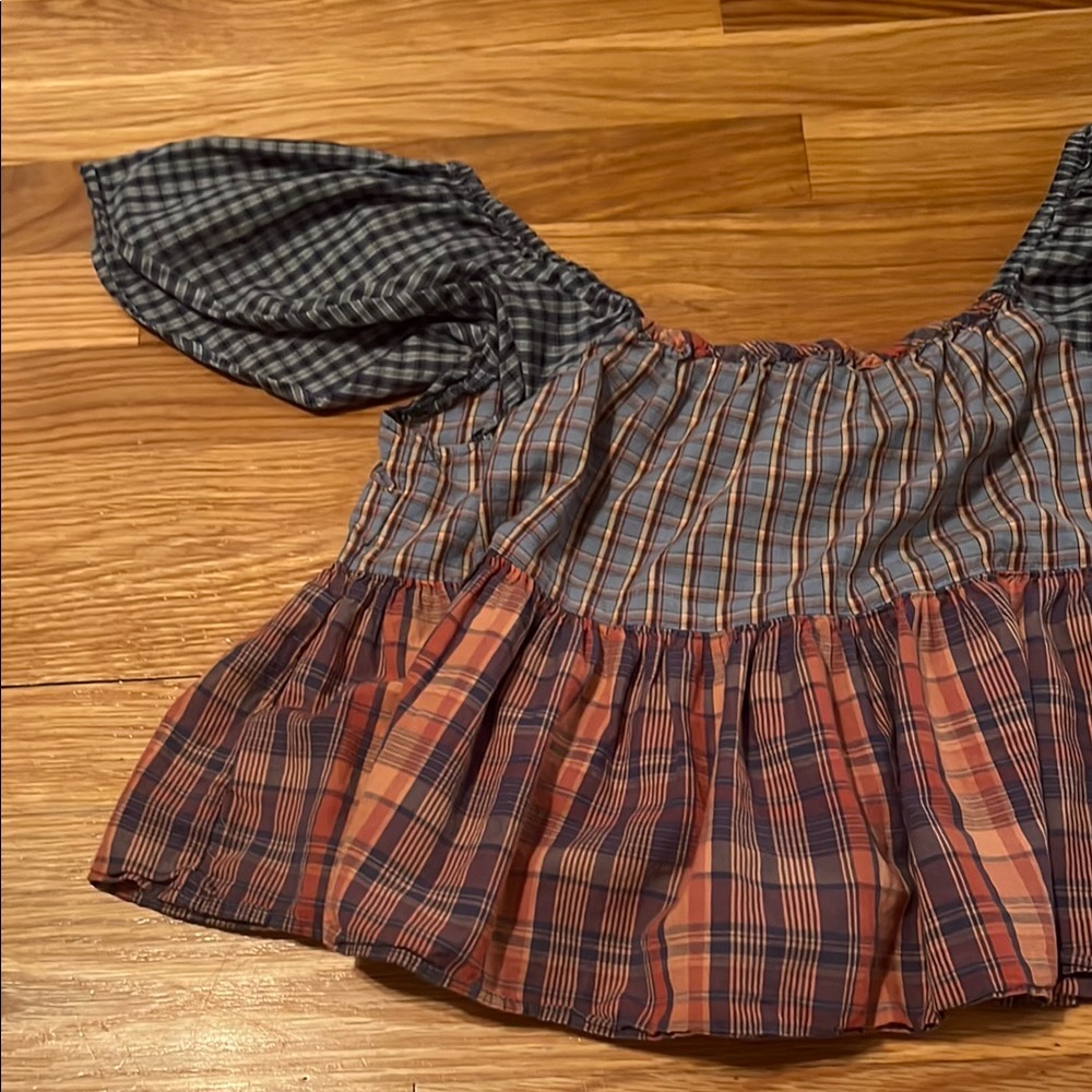 American Eagle Outfitters mixed plaid peplum Blue and Red Crop Top size XS - Picture 9 of 11